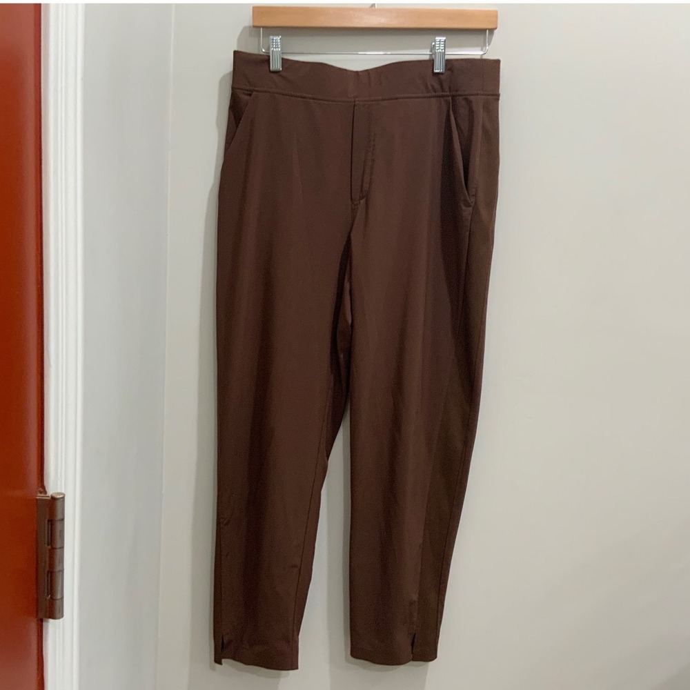 Athleta Brooklyn Ankle Pant Brown Ribbed Trim Tapered Trousers Womens 12